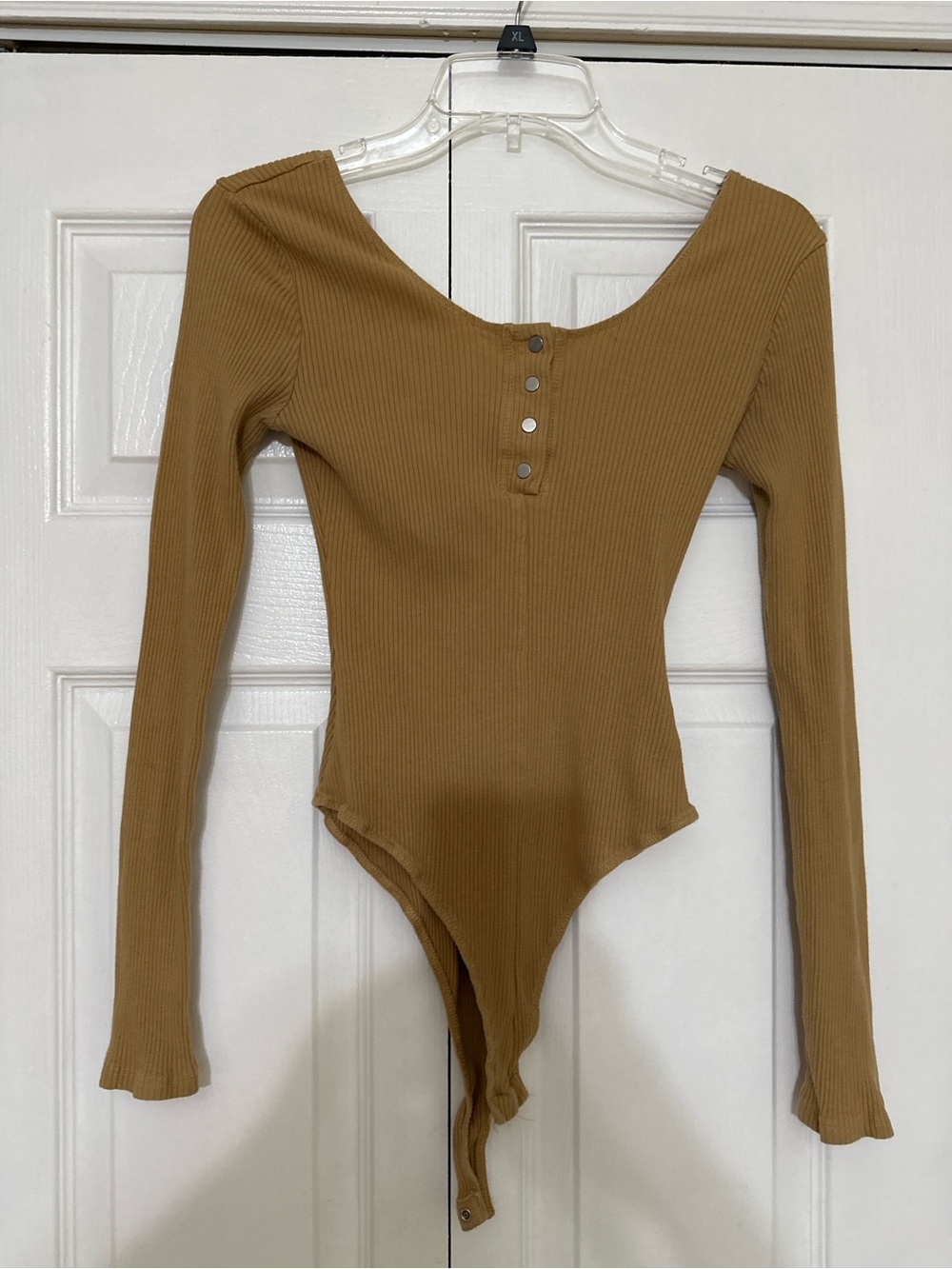 Shinestar Ribbed Long-Sleeve Snap-Front Bodysuit in Camel